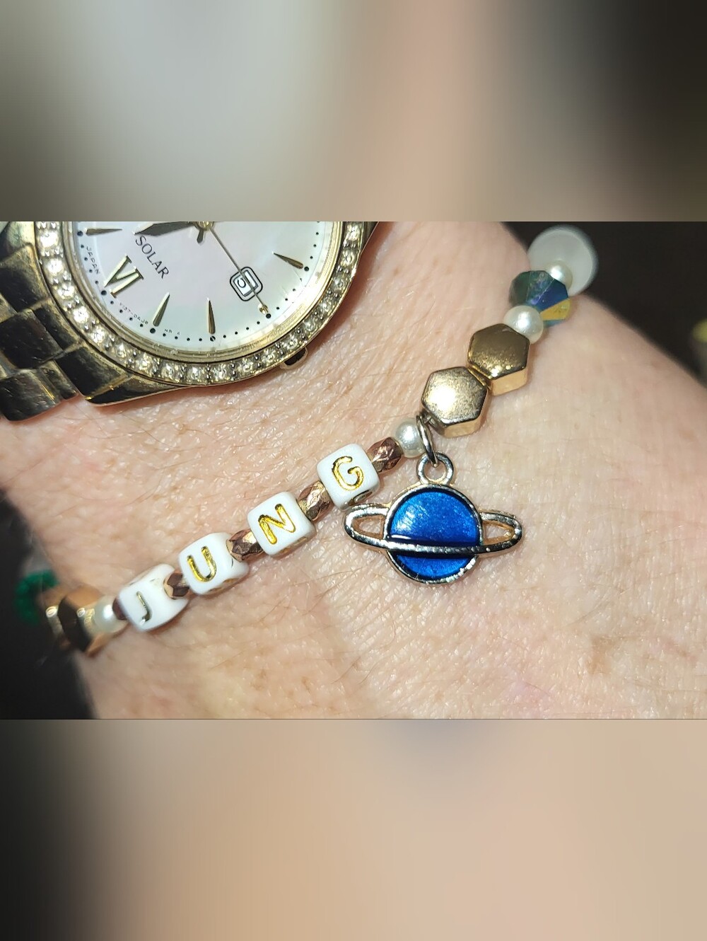 Personalized Blue Planet Charm Beaded Bracelet - Women Jewelry